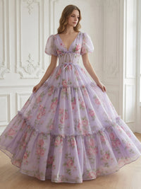 Flower Chiffon Puffy Sleeve V-Neck Floor-Length Prom Dress Bow Fairy Long Dresses