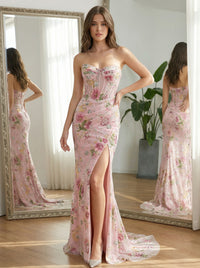 Sparkly Sheath Sweetheart Strapless Floral Long Prom Dress