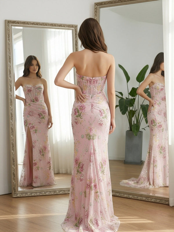 Sparkly Sheath Sweetheart Strapless Floral Long Prom Dress
