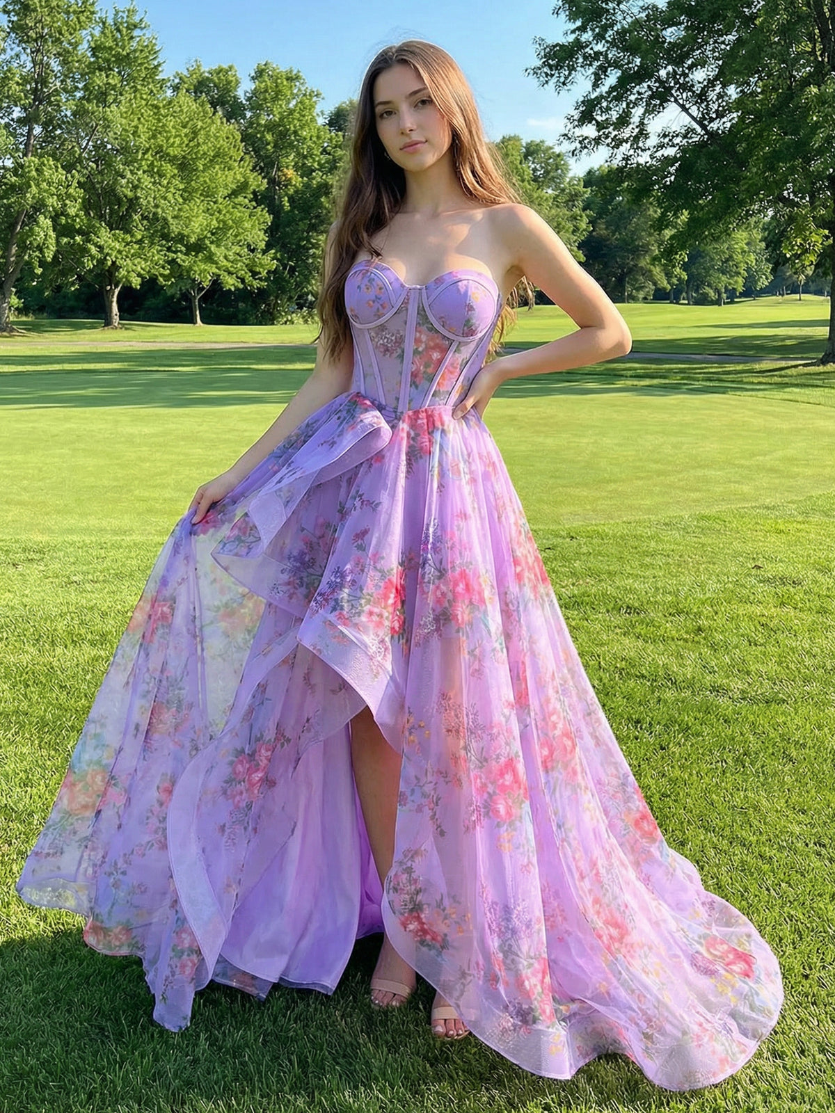 2026 Purple Floral Prom Dresses Chiffon Sweetheart Hi-Lo Strapless Fairy Long Maxi Dresses Evening Party Ball Gowns