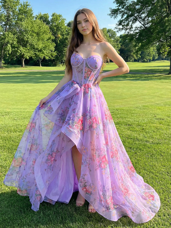 2026 Purple Floral Prom Dresses Chiffon Sweetheart Hi-Lo Strapless Fairy Long Maxi Dresses Evening Party Ball Gowns