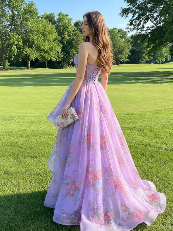 Flower Chiffon Sweetheart Hi-Lo Prom Dress Strapless Fairy Long Dresses