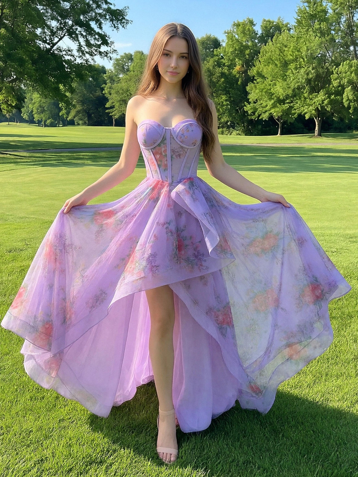 Flower Chiffon Sweetheart Hi-Lo Prom Dress Strapless Fairy Long Dresses
