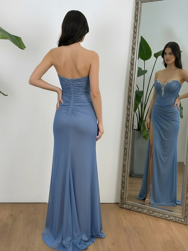 Sparkly Sheath Sweetheart Strapless Floor-Length Prom Dress with Crystal Applique