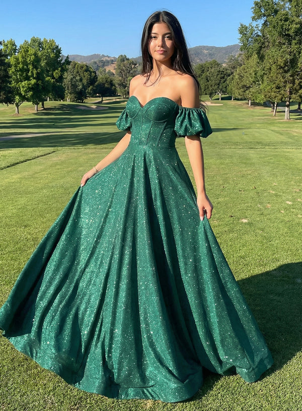 Sparkly Satin A-Line Off-Shoulder Sweetheart Floor-Length Prom Dress