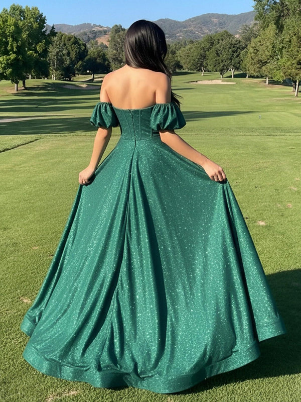 Sparkly Satin A-Line Off-Shoulder Sweetheart Floor-Length Prom Dress