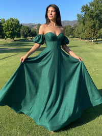 Sparkly Satin A-Line Off-Shoulder Sweetheart Floor-Length Prom Dress