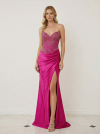 Sparkly Sheath V-Neck Strapless Ruched Floor-Length Prom Dress with Applique
