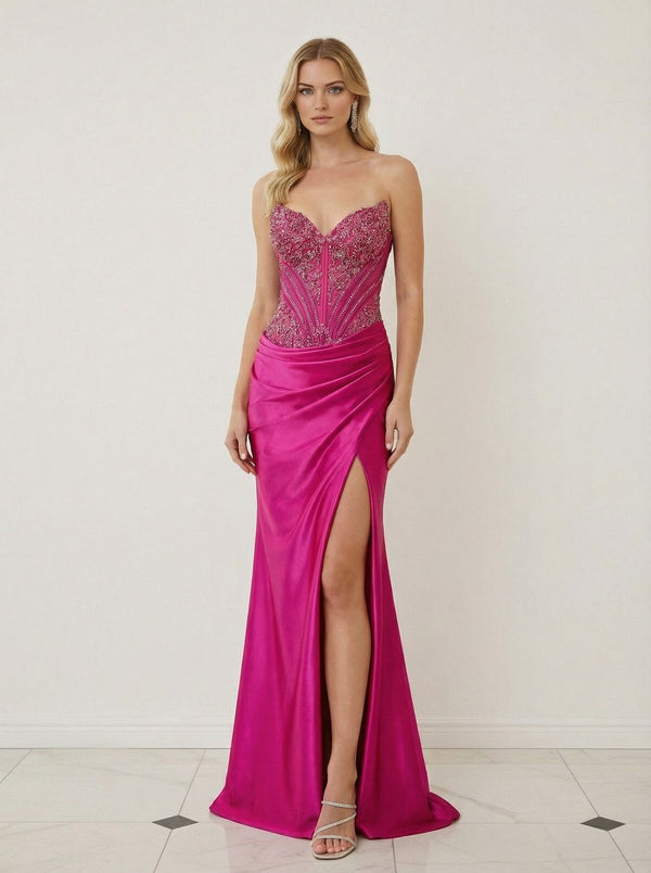 Sparkly Sheath V-Neck Strapless Ruched Floor-Length Prom Dress with Applique