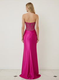 Sparkly Sheath V-Neck Strapless Ruched Floor-Length Prom Dress with Applique