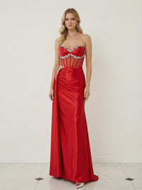 Satin Sheath Sweetheart Strapless Ruched Floor-Length Formal Evening Dress with Trail