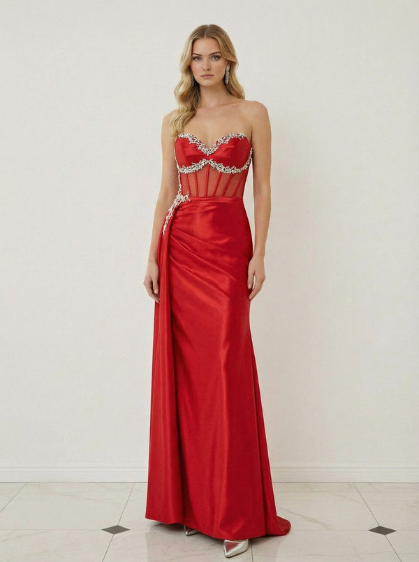 Satin Sheath Sweetheart Strapless Ruched Floor-Length Formal Evening Dress with Trail