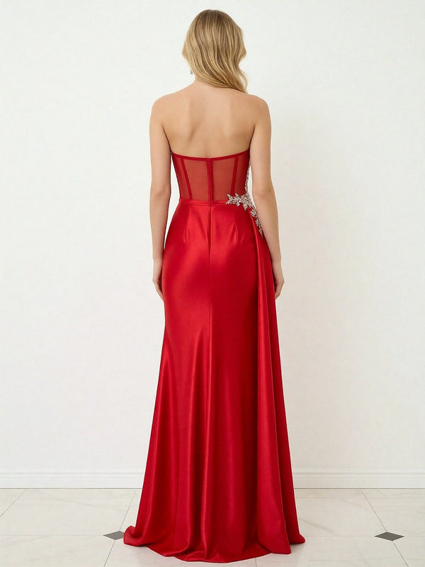 Satin Sheath Sweetheart Strapless Ruched Floor-Length Formal Evening Dress with Trail