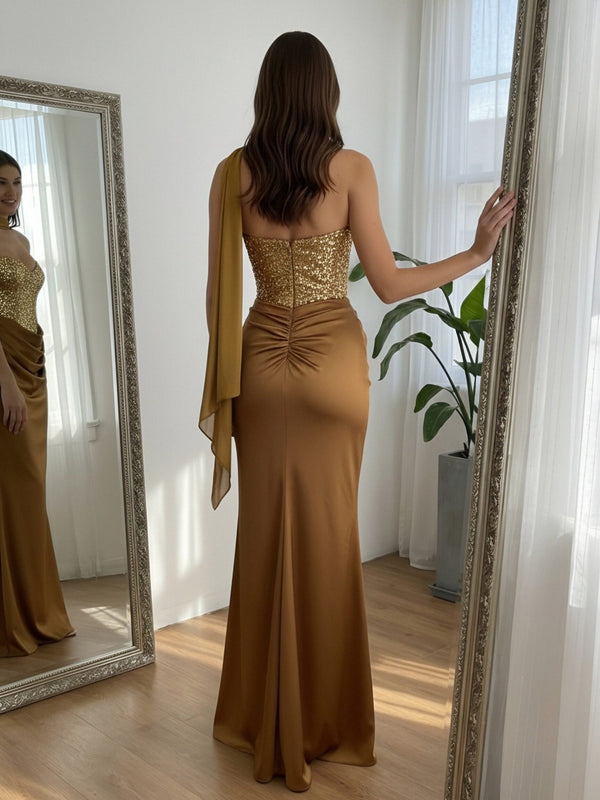 Sequin Mermaid Strapless Ruched Floor-Length Formal Prom Dress with Scarf