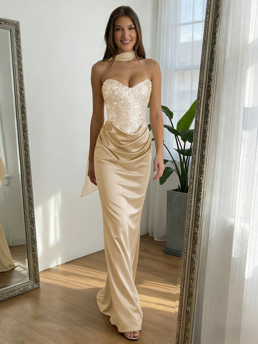 Sequin Mermaid Strapless Ruched Floor-Length Formal Prom Dress with Scarf