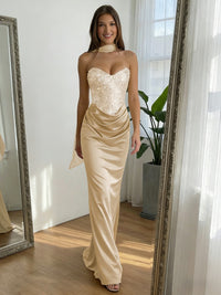 Sequin Mermaid Strapless Ruched Floor-Length Formal Prom Dress with Scarf