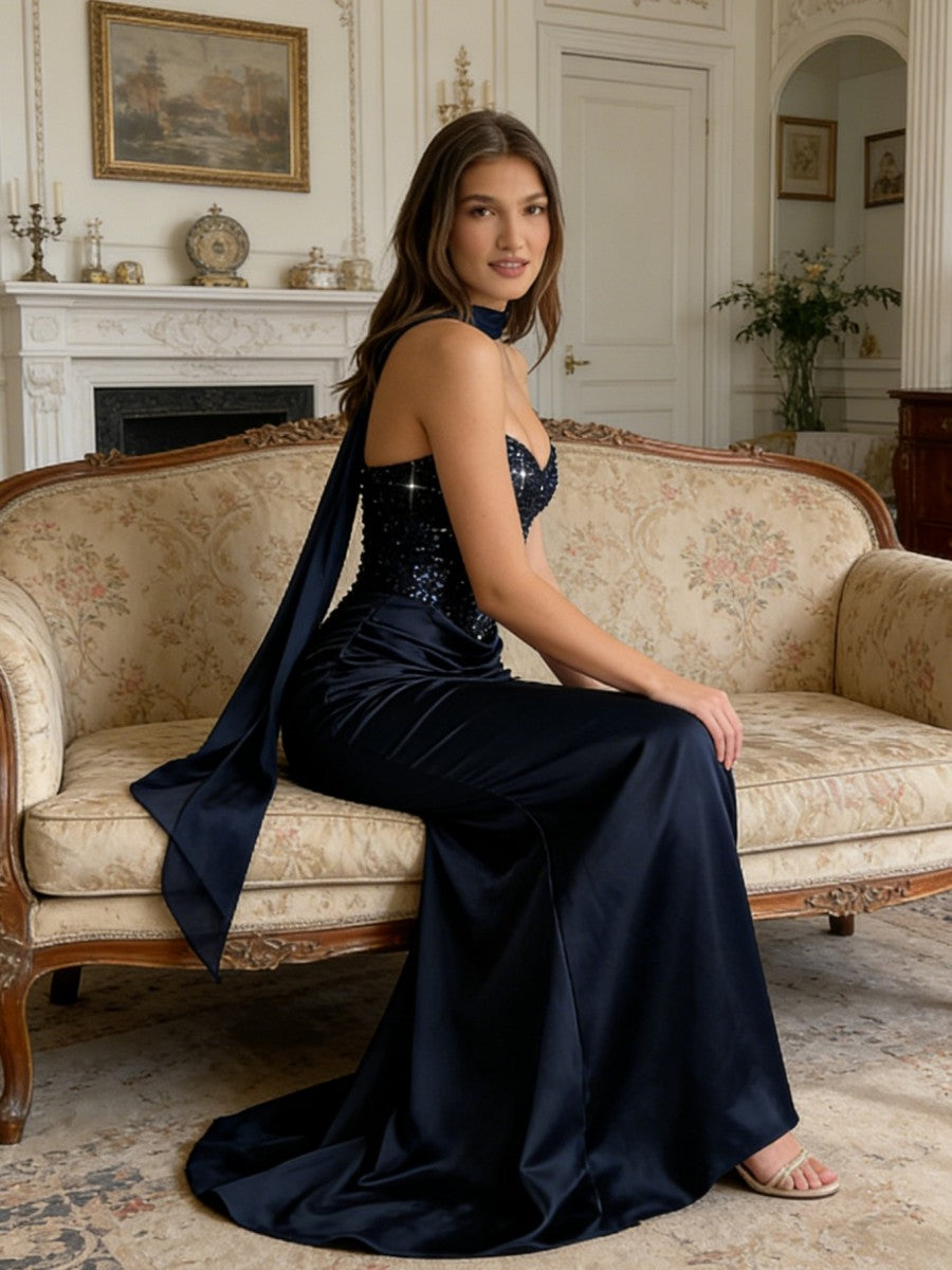 Sequin Mermaid Strapless Ruched Floor-Length Formal Prom Dress with Scarf