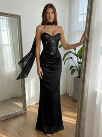 Sequin Mermaid Strapless Ruched Floor-Length Formal Prom Dress with Scarf