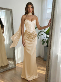 Sequin Mermaid Strapless Ruched Floor-Length Formal Prom Dress with Scarf
