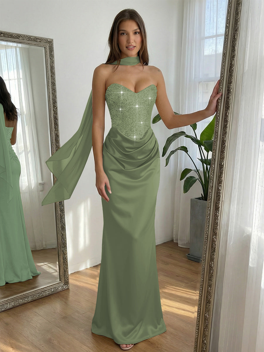 Sequin Mermaid Strapless Ruched Floor-Length Formal Prom Dress with Scarf