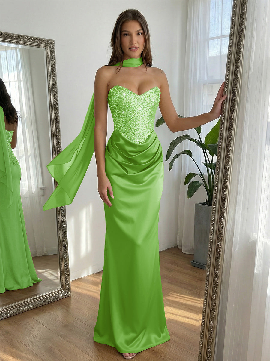Sequin Mermaid Strapless Ruched Floor-Length Formal Prom Dress with Scarf