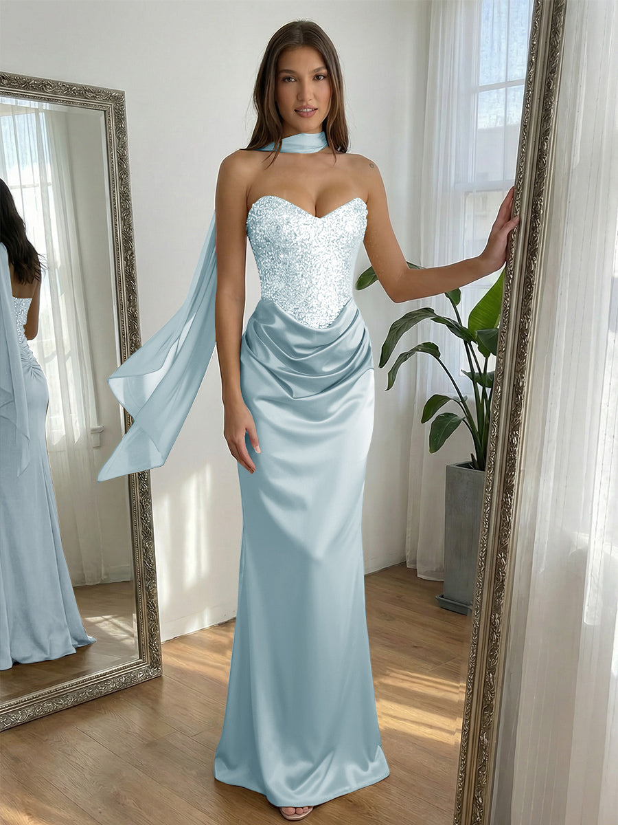 Sequin Mermaid Strapless Ruched Floor-Length Formal Prom Dress with Scarf