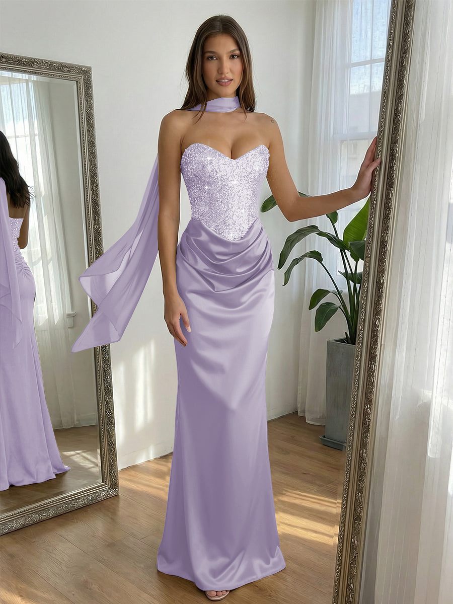 Sequin Mermaid Strapless Ruched Floor-Length Formal Prom Dress with Scarf