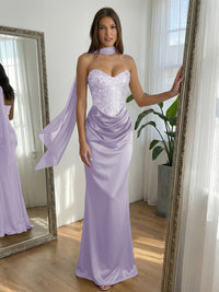 Sequin Mermaid Strapless Ruched Floor-Length Formal Prom Dress with Scarf