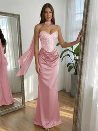 Sequin Mermaid Strapless Ruched Floor-Length Formal Prom Dress with Scarf