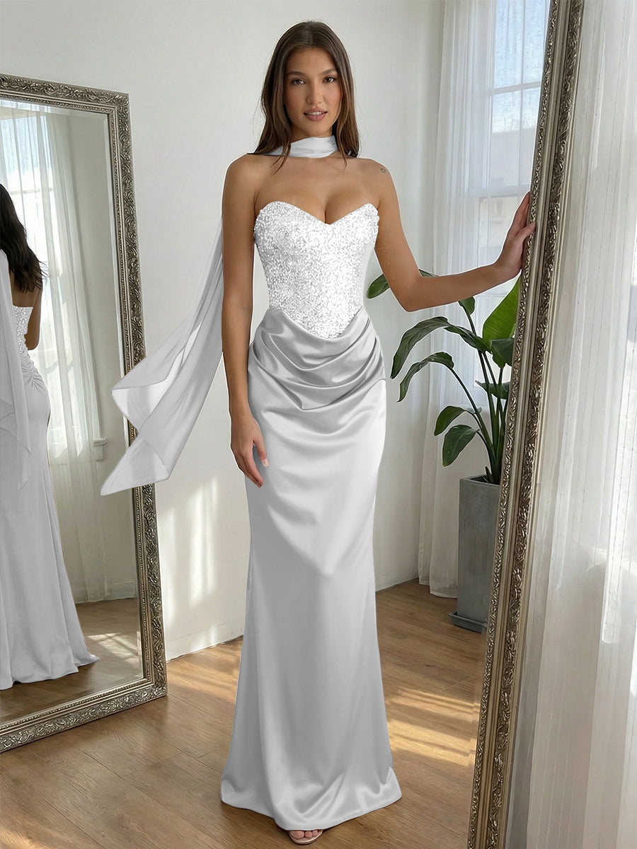 Sequin Mermaid Strapless Ruched Floor-Length Formal Prom Dress with Scarf