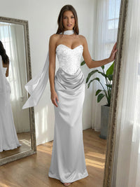 Sequin Mermaid Strapless Ruched Floor-Length Formal Prom Dress with Scarf