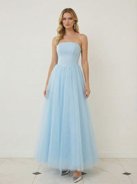 Mixed A-Line Tulle Strapless Corset Floor-Length Prom Dresses