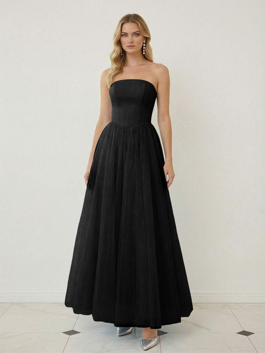 Mixed A-Line Tulle Strapless Corset Floor-Length Prom Dresses
