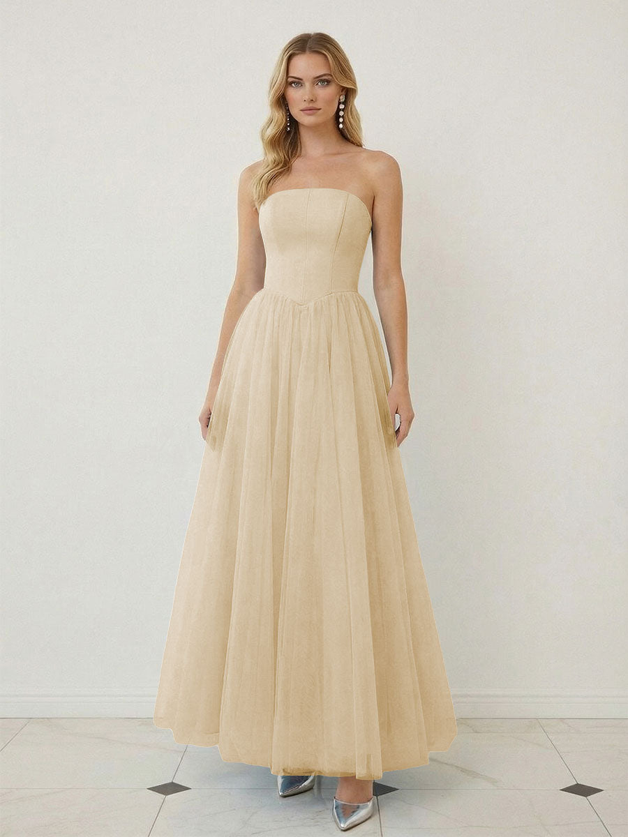 Mixed A-Line Tulle Strapless Corset Floor-Length Prom Dresses