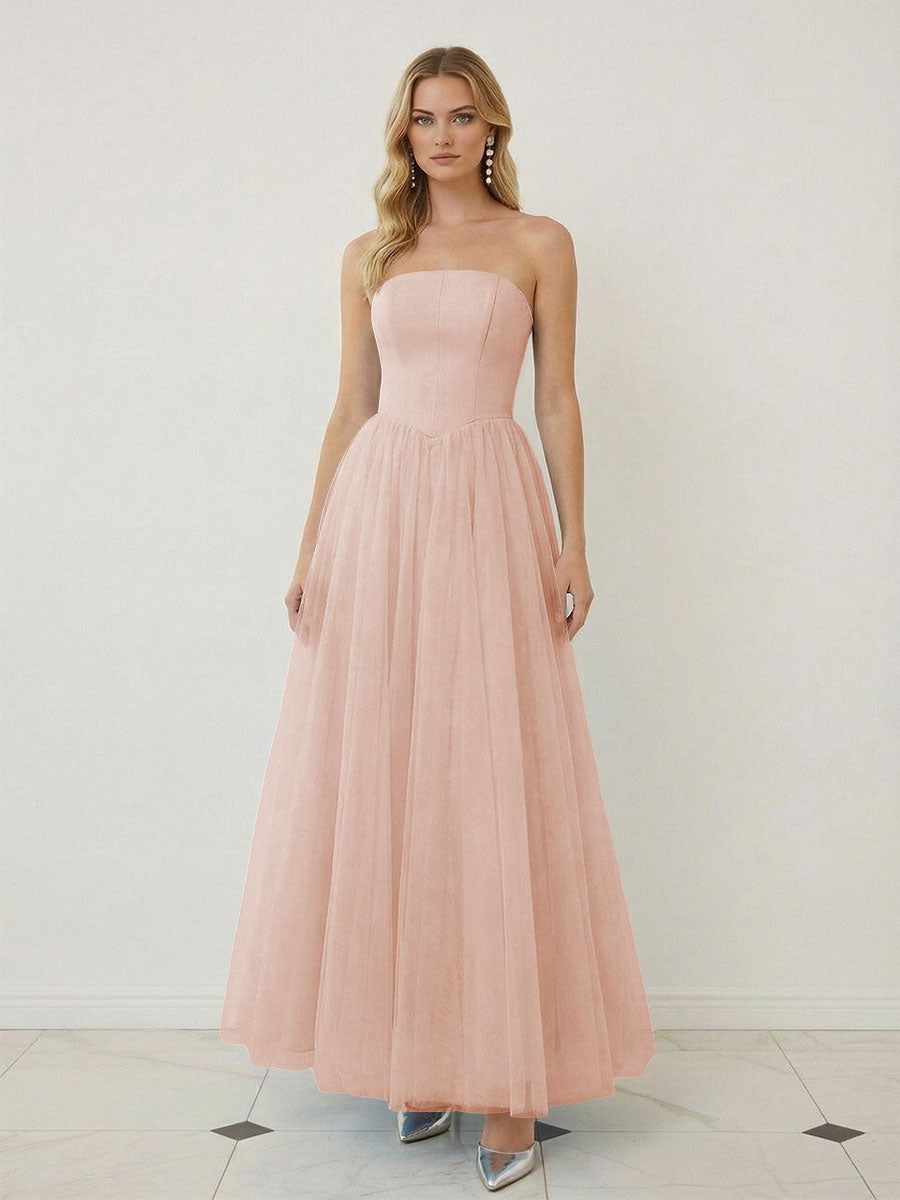 Mixed A-Line Tulle Strapless Corset Floor-Length Prom Dresses