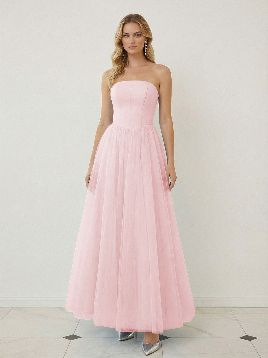 Mixed A-Line Tulle Strapless Corset Floor-Length Prom Dresses