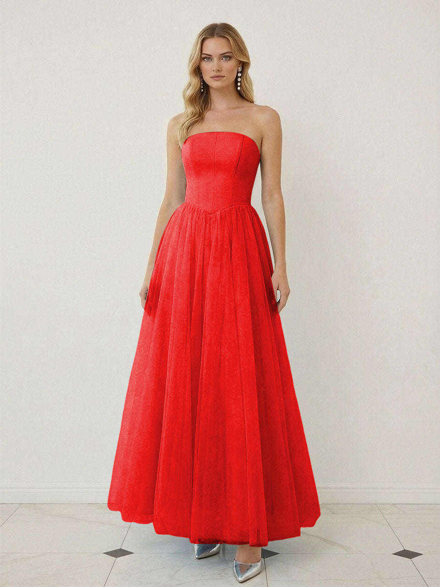 Mixed A-Line Tulle Strapless Corset Floor-Length Prom Dresses