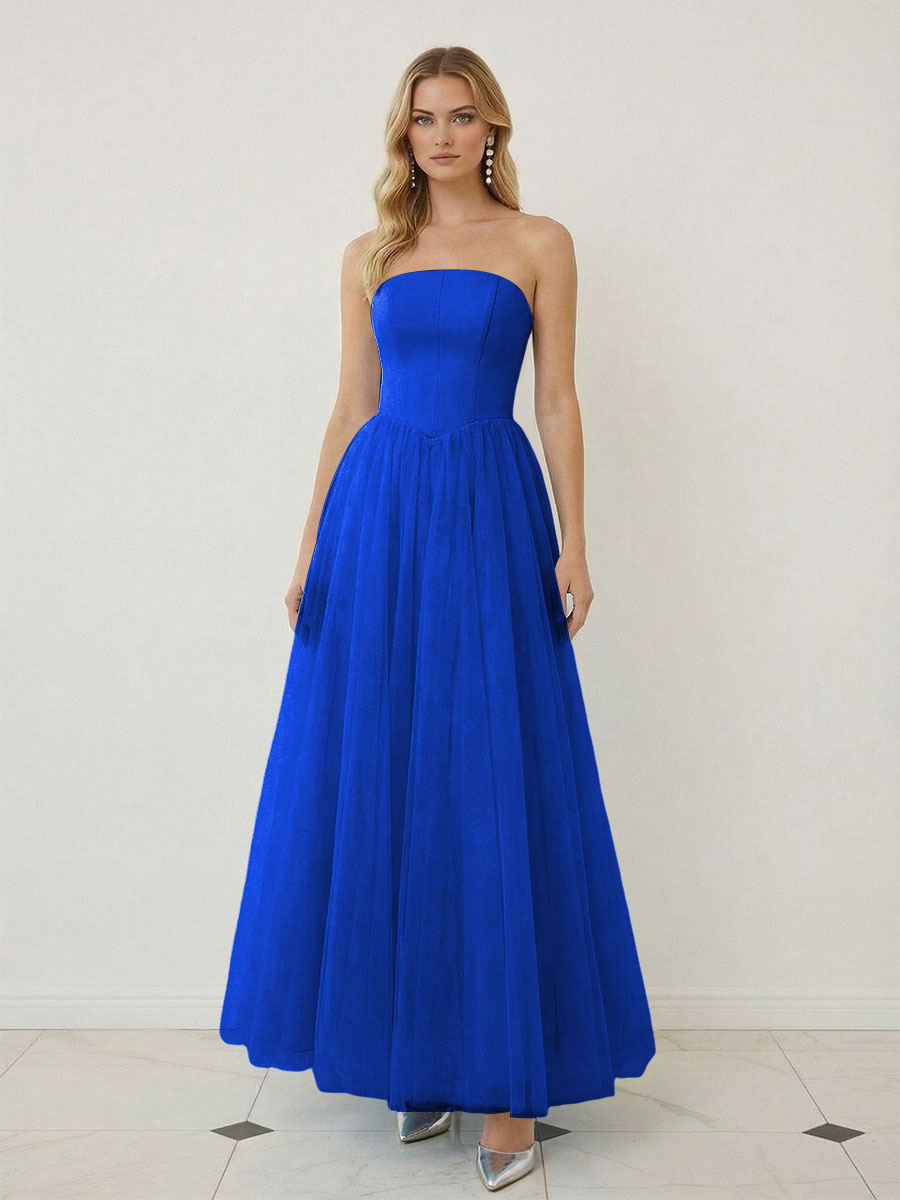 Mixed A-Line Tulle Strapless Corset Floor-Length Prom Dresses