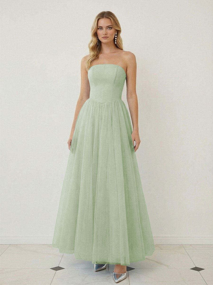 Mixed A-Line Tulle Strapless Corset Floor-Length Prom Dresses