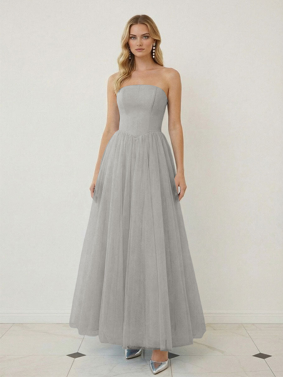 Mixed A-Line Tulle Strapless Corset Floor-Length Prom Dresses