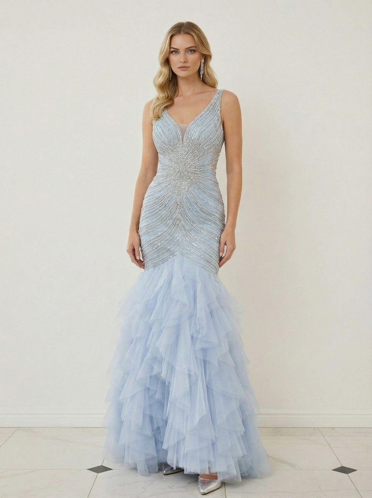 Mermaid Ruffle Tiered Tulle V-Neck Corset Floor-Length Prom Dresses with Appliques