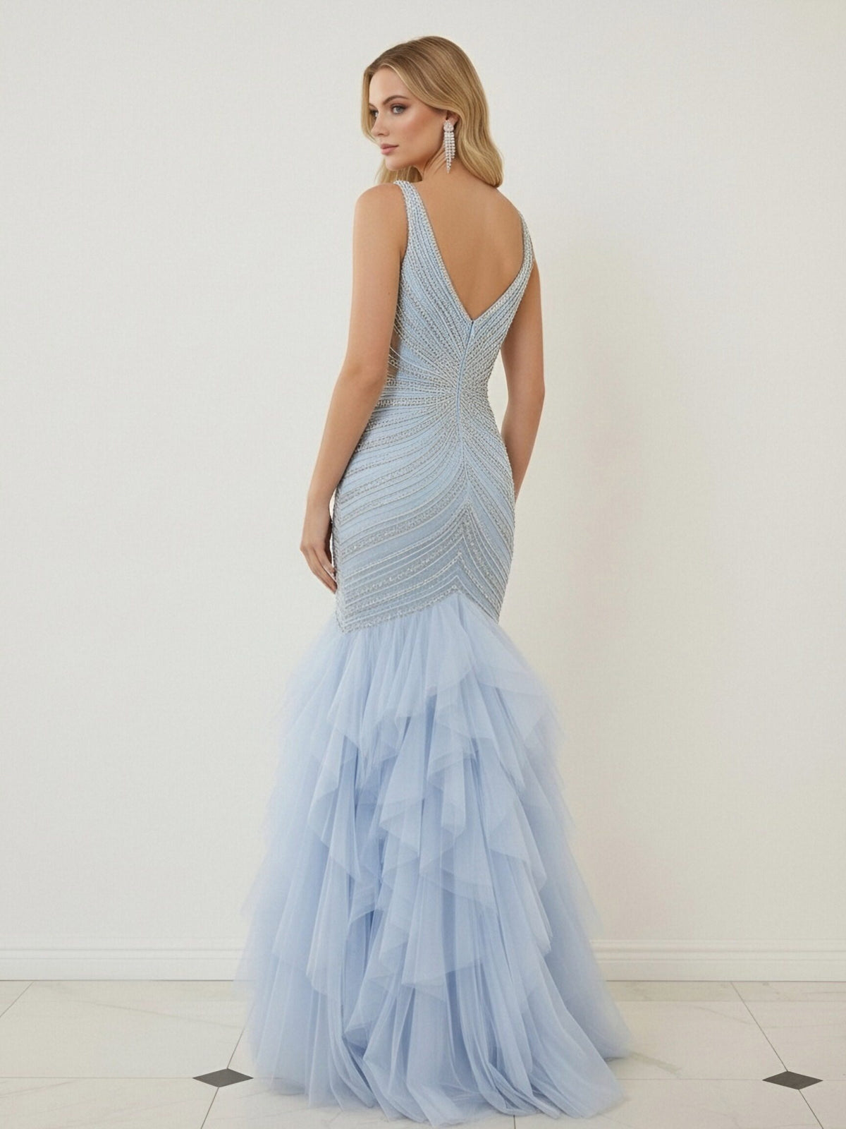 Mermaid Ruffle Tiered Tulle V-Neck Corset Floor-Length Prom Dresses with Appliques