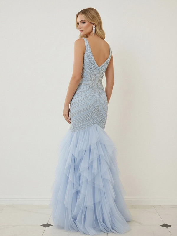 Mermaid Ruffle Tiered Tulle V-Neck Corset Floor-Length Prom Dresses with Appliques