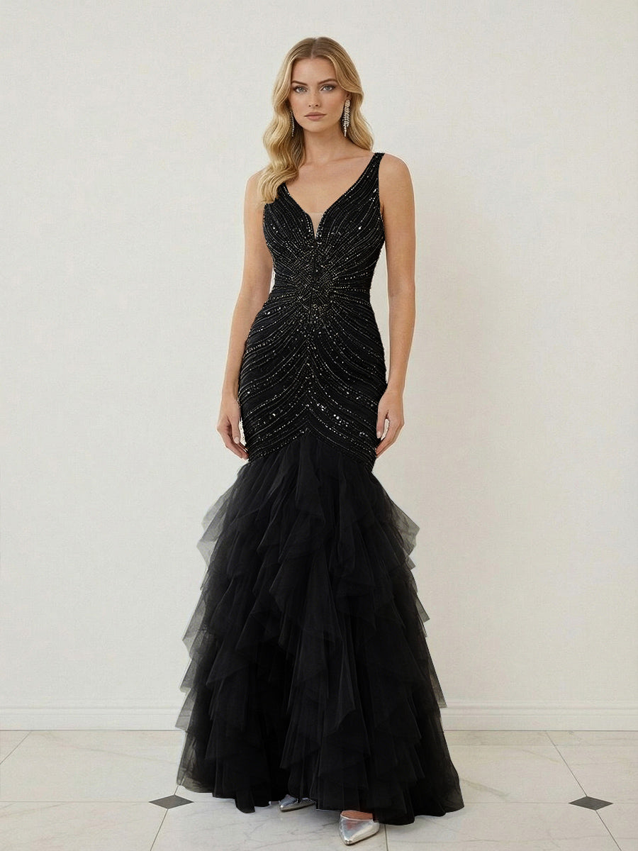 Mermaid Ruffle Tiered Tulle V-Neck Corset Floor-Length Prom Dresses with Appliques