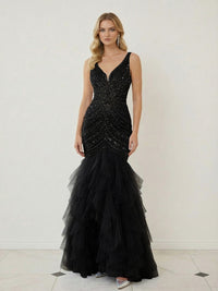 Mermaid Ruffle Tiered Tulle V-Neck Corset Floor-Length Prom Dresses with Appliques