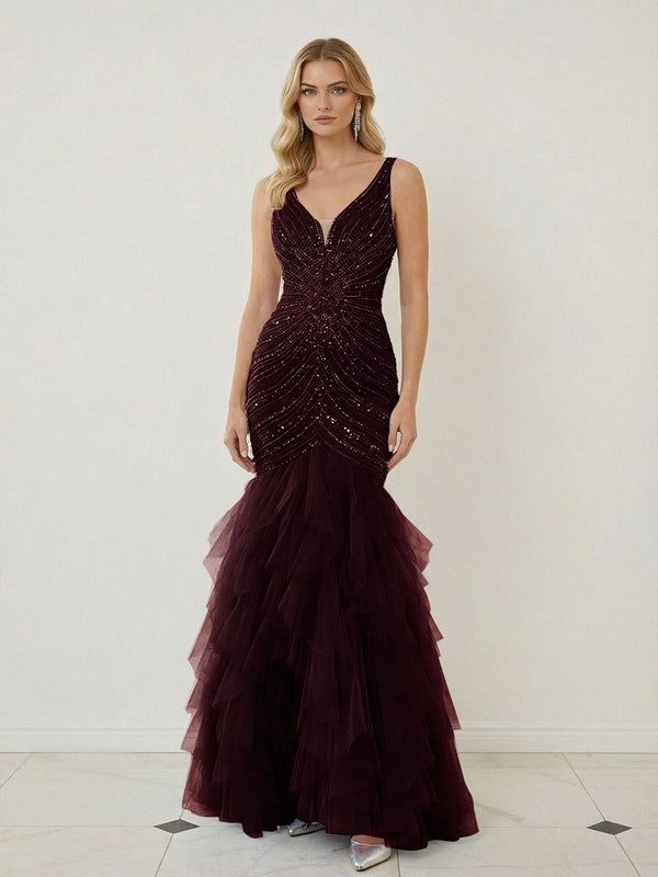Mermaid Ruffle Tiered Tulle V-Neck Corset Floor-Length Prom Dresses with Appliques