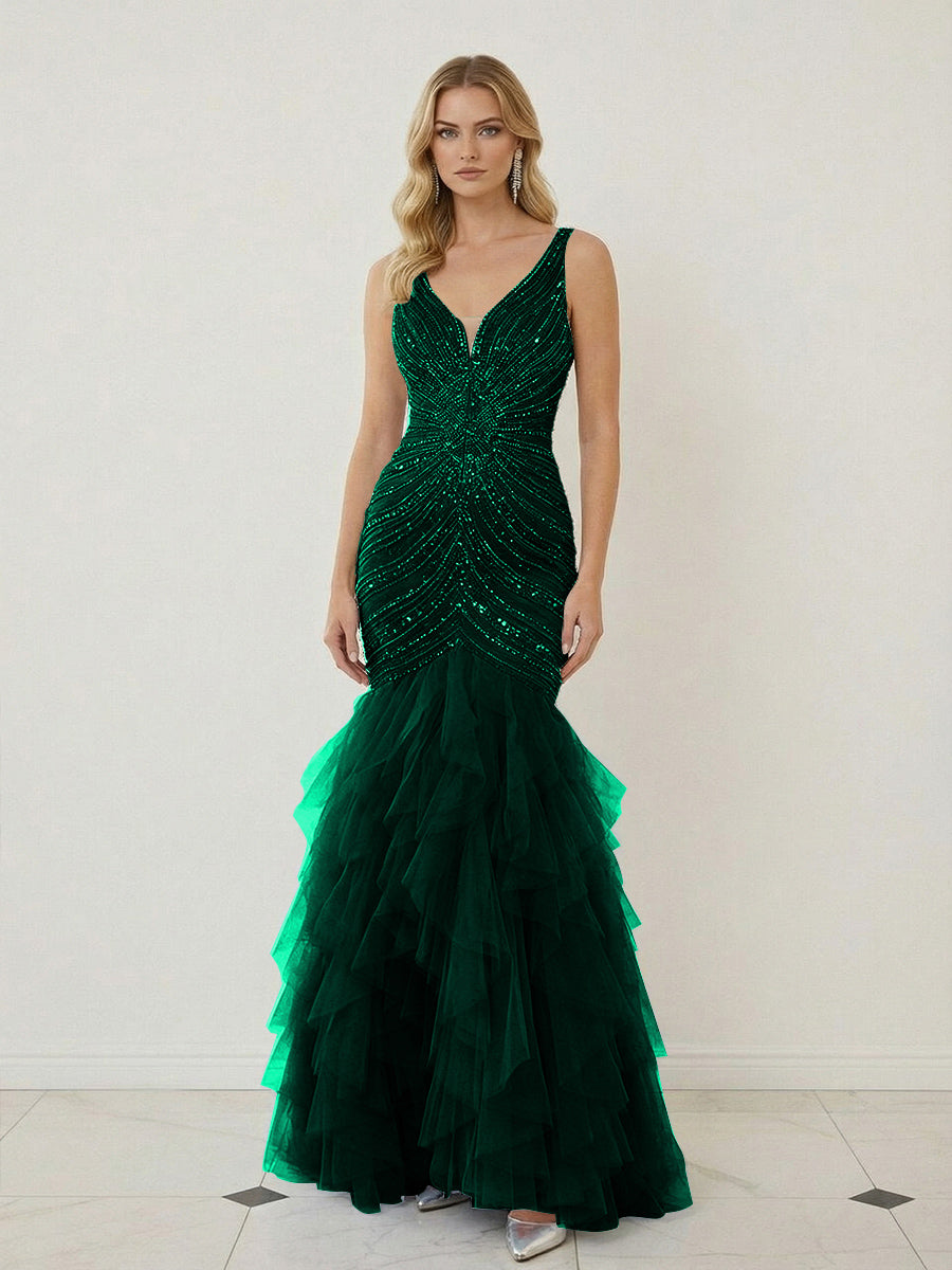 Mermaid Ruffle Tiered Tulle V-Neck Corset Floor-Length Prom Dresses with Appliques