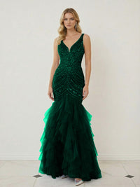 Mermaid Ruffle Tiered Tulle V-Neck Corset Floor-Length Prom Dresses with Appliques