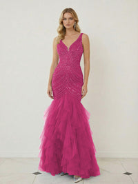 Mermaid Ruffle Tiered Tulle V-Neck Corset Floor-Length Prom Dresses with Appliques