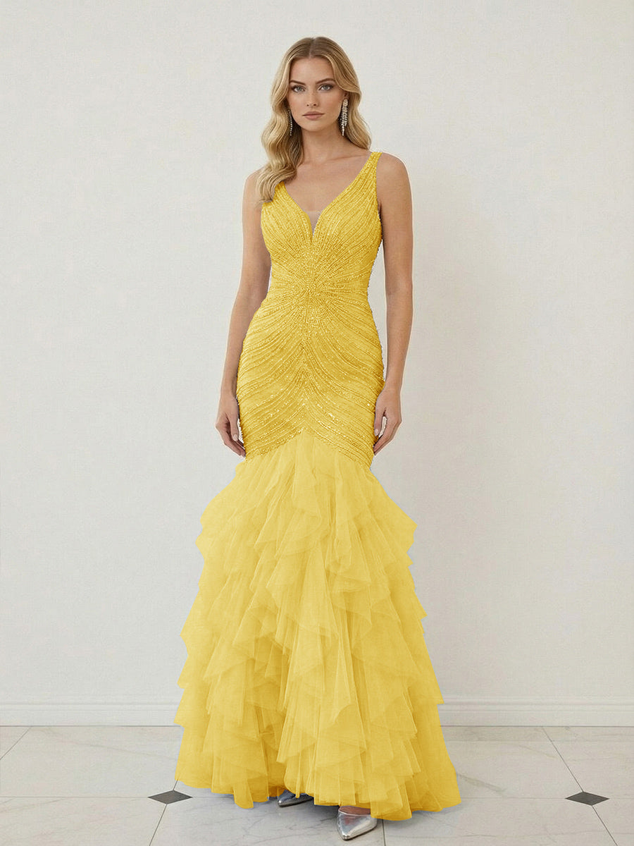 Mermaid Ruffle Tiered Tulle V-Neck Corset Floor-Length Prom Dresses with Appliques
